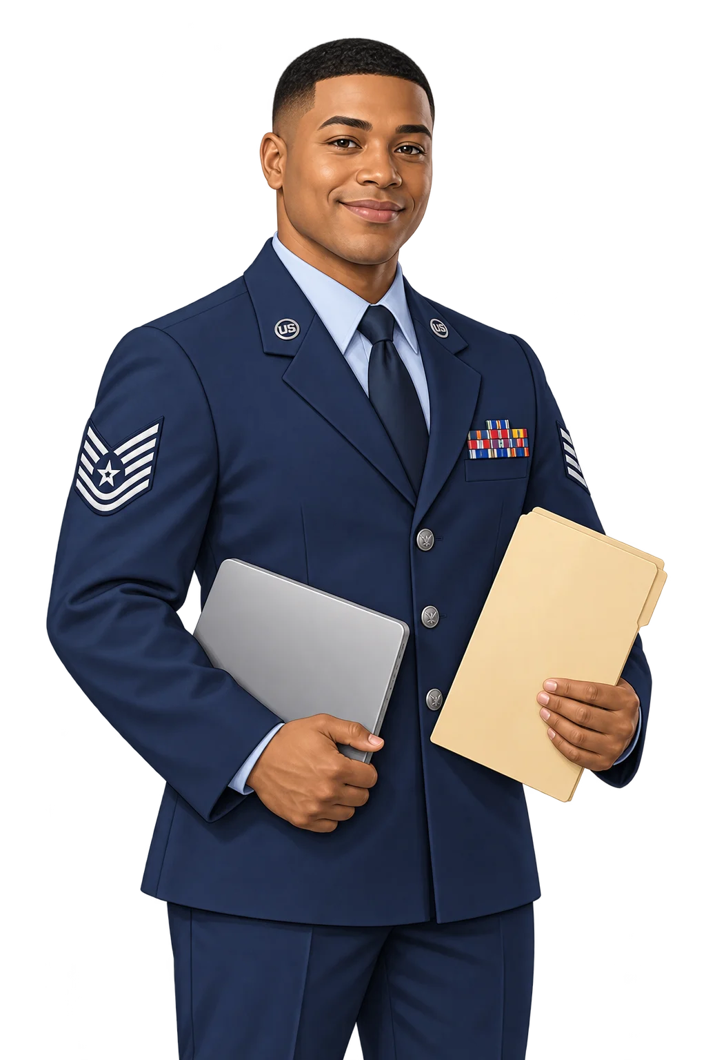 Illustration of an Air Force Technical Sergeant in blue service dress holding a laptop and administrative folder