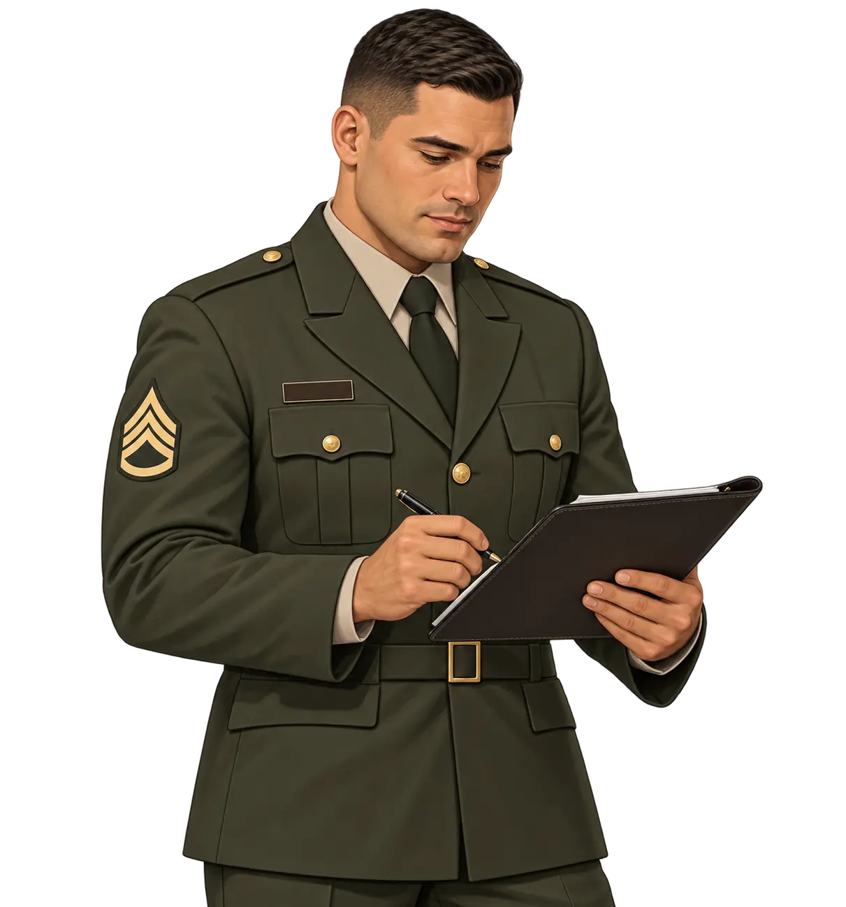 Illustration of a male Army Staff Sergeant in the Army Green Service Uniform reviewing an administrative folio